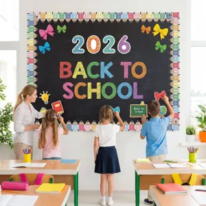 Colorful plaid pencil border stickers decorating a classroom blackboard wall surface
