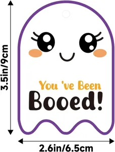 Detail showing cute ghost Halloween gift tag with dimensions 3.5in x 2.6in for candies.