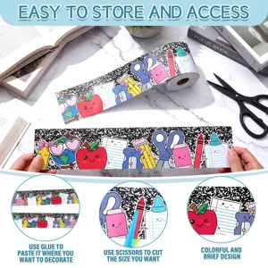 Detailed view of back-to-school bulletin board border stickers with school supplies patterns