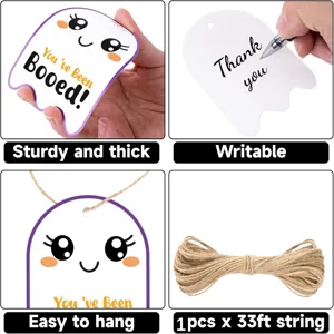 Feature details of cute ghost Halloween tags showing thickness, writability, and string.