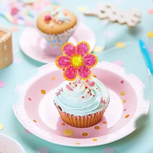 Colorful laser holographic flower stickers used as decorative cupcake toppers for parties