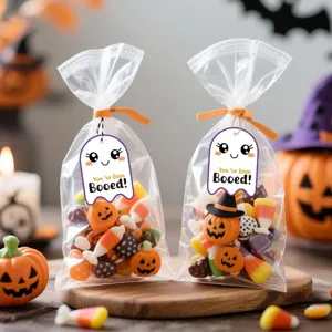 Detailed close-up of cute ghost Halloween gift tags on candy bags with orange ribbons