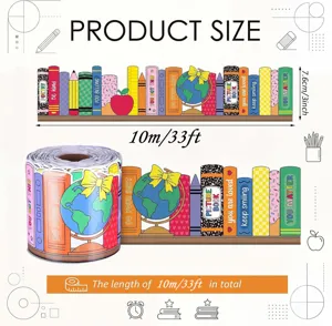 Detailed size guide for 33ft school book and globe bulletin board border sticker roll
