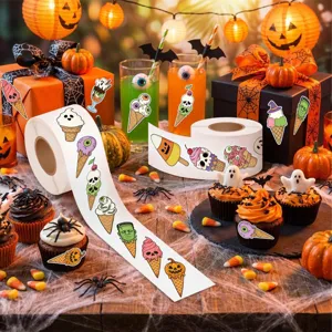 Αυτοκόλλητα Halloween σε ρολό με σχέδια παγωτού και κρανίου για διακόσμηση πάρτι