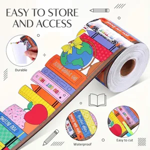 Detail view of colorful bulletin board border stickers showing waterproof and durable features
