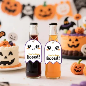 Festive cute ghost shaped Halloween gift tags with strings hanging on beverage bottles