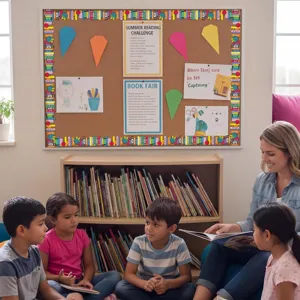 Colorful school-themed bulletin board borders decorating a cozy classroom reading corner.