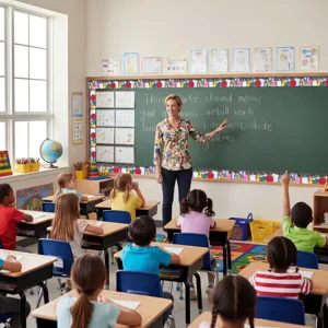 Classroom scene with colorful decorative school theme bulletin board border stickers.