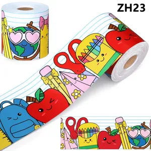 Detail view of colorful cartoon back-to-school bulletin board border sticker roll