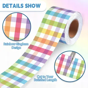 Detailansicht der Regenbogen-Gingham-Aufkleberrolle mit Schnittfunktion für Dekorationen