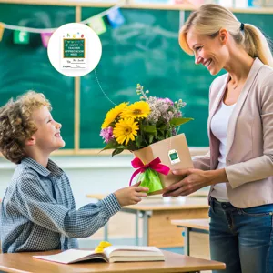 Etiquetas de regalo escritas a mano para el día del maestro en un aula escolar
