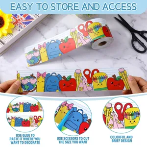 Detail view of cartoon back-to-school bulletin board border stickers with school supply icons