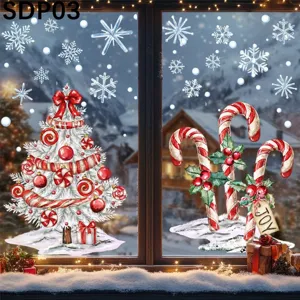 Festive Christmas window stickers set featuring a snowy tree and candy canes on glass