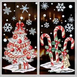 Detailed view of white Christmas tree and candy cane window stickers with festive motifs