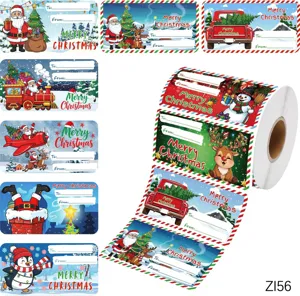 Roll of cartoon Christmas gift tag stickers with Santa and red truck designs