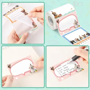 Detail view of cute dog-themed self-adhesive stickers for handwriting and journaling.