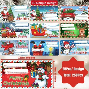 Assorted Christmas gift tag stickers featuring Santa and snowman designs, 250 piece roll.