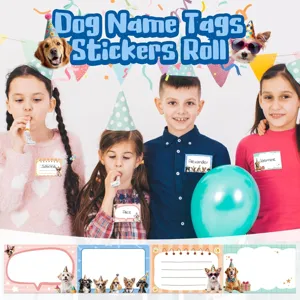 Colorful dog-themed name stickers for children's parties and school labeling usage