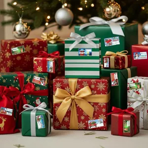 Set of colorful Christmas gift stickers with festive illustrations on gift boxes.