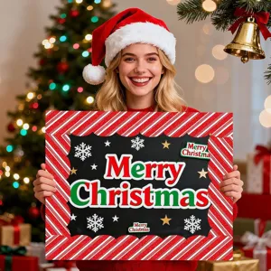 Dettaglio del bordo scintillante a strisce rosse e bianche sul cartello di Natale.