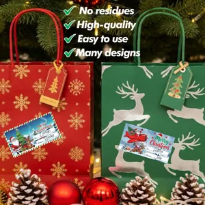 Festive cartoon Christmas to-from labels on gift bags with Santa and reindeer designs