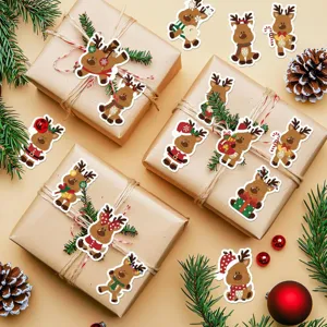 Various Christmas reindeer stickers decorating kraft gift boxes with pine branches