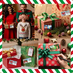 Assorted cartoon Christmas gift tags applied to various wrapped presents and holiday bags