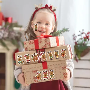 Reindeer Christmas stickers shown as festive gift box decorations in a holiday scene.
