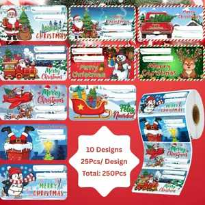 Collection of 250 Christmas gift tags featuring 10 festive cartoon designs on a roll