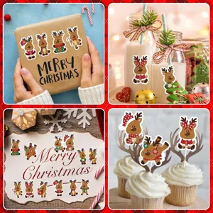 Festive reindeer Christmas stickers applied on gift boxes, bottles, and cupcakes