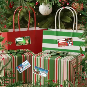 Detailed view of Christmas gift labels with cartoon characters on festive bags