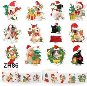 Detailed display of 500pcs/roll Christmas pet stickers featuring festive cats and dogs.