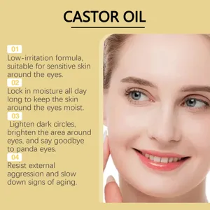 Castor oil eye essence detail view showing low-irritation formula for sensitive skin.