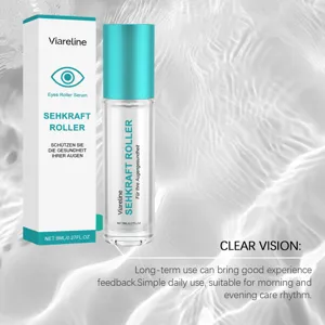 Detail view of the eye roller serum bottle and packaging box showing the 8ml clear design.
