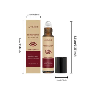 Detailed view of the roller eye oil bottle and packaging box with clear dimension markers.