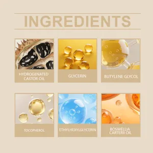 Detailed eye roller oil ingredient card featuring natural castor oil, glycerin, and tocopherol.