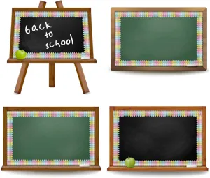 Detailed view of colorful crayon pattern border stickers applied to classroom blackboards.