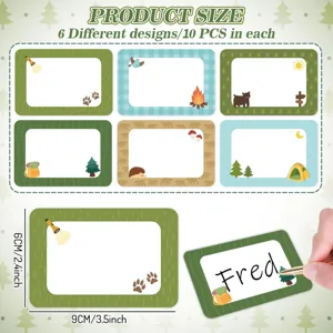 Woodland camping themed name stickers set with 6 designs showing 9x6cm product dimensions