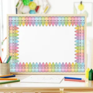 Detailed view of colorful crayon-shaped bulletin board border sticker in classroom