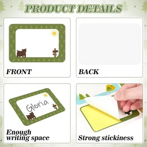 Detailed views of self-adhesive forest bear name labels for school stationery items