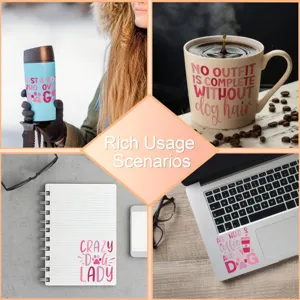UV transfer pink dog-themed letter stickers shown on mug, cup, laptop and notebook