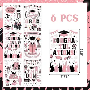Set van 6 roze afstudeervensterstickers, afmetingen 11,8 x 7,78 inch voor feestdecoratie