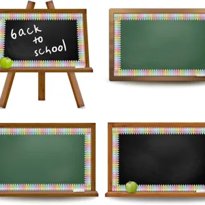 Four-panel detailed view of colorful crayon bulletin board borders on classroom chalkboards