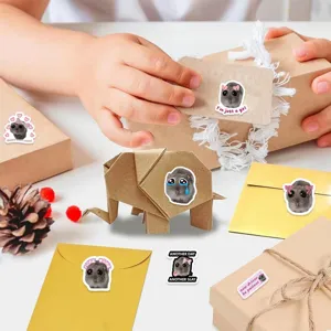 Collection of sad hamster meme stickers applied on gift boxes and envelopes for DIY.