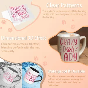 Waterproof 3D UV transfer stickers with pink dog-themed letters for mugs and glasses