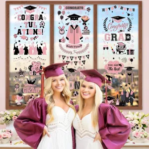 Set van 6 roze afstudeervensterstickers voor schoolfeestdecoraties en vieringen