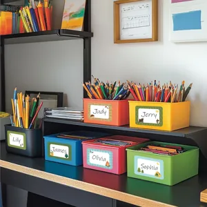 Colorful self-adhesive name labels for school supplies and storage bins organization
