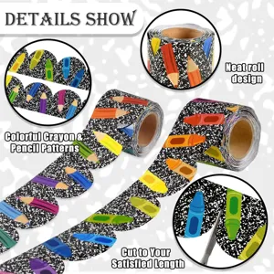 Detail of crayon and pencil patterns on scalloped bulletin board border stickers.