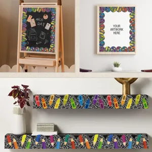 Close-up of colorful pencil pattern bulletin board border stickers on various surfaces.