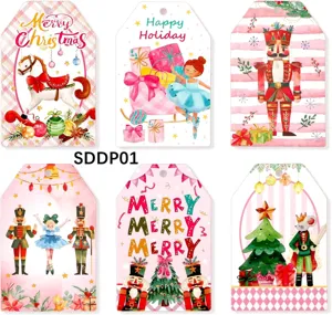 Set of 60 pink Christmas gift tags featuring nutcracker and ballerina watercolor designs